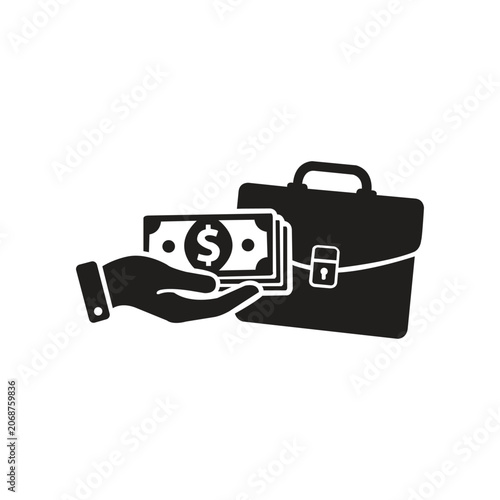 Hand Holding Cash Over Briefcase and Laptop Flat Design Illustration