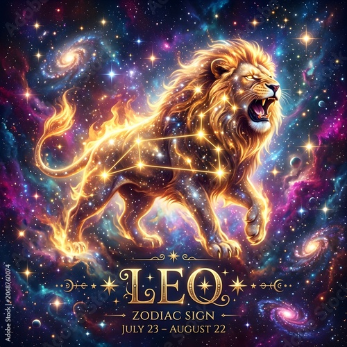 Majestic Leo Zodiac Sign Constellation with Glowing Cosmic Lion in Vibrant Galaxy Space Background. 