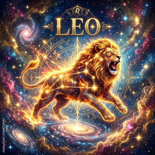 Leo Zodiac Sign in Cosmic Galaxy – Majestic Golden Lion Constellation with Celestial Astrology Background. 