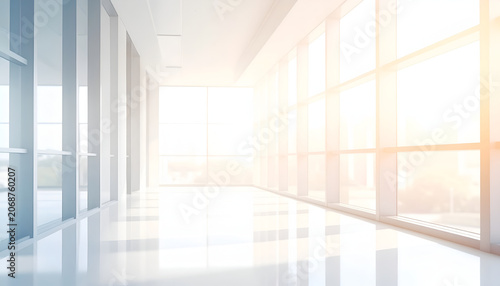 Bright Modern Office Corridor with Large Windows and Natural Light.