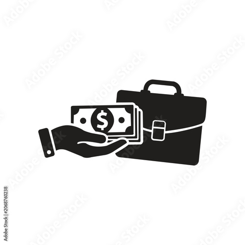 Hand Holding Money Over Briefcase with Laptop and Smartphone Flat Design Illustration
