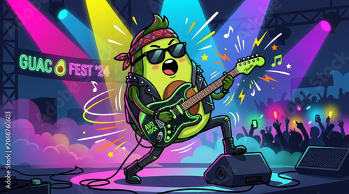 Avocado rockstar playing guitar on stage at a music festival energetic performance with crowd and colorful lights fun illustration for events and food promotion