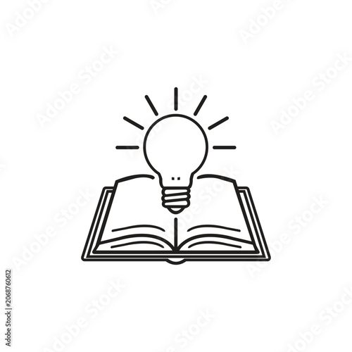 Idea glowing from open book with light bulb illustration on white background