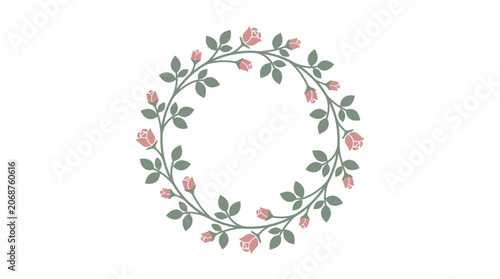 Delicate rose wreath border, botanical illustration, floral circle frame, pastel pink flowers and green leaves