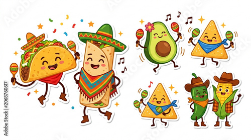 Cute Mexican food characters taco and burrito dancing with avocado nachos jalapeo and corn fun vector illustration for celebration and fiesta