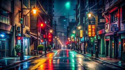 Narrow city street at night with glowing neon signs and wet reflections on the pavement