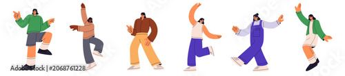 Konstfotografi Happy female cartoon characters jumping, walking, dancing, gesturing, and moving actively