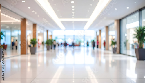 Blurred Interior of a Modern Shopping Mall with People Walking.