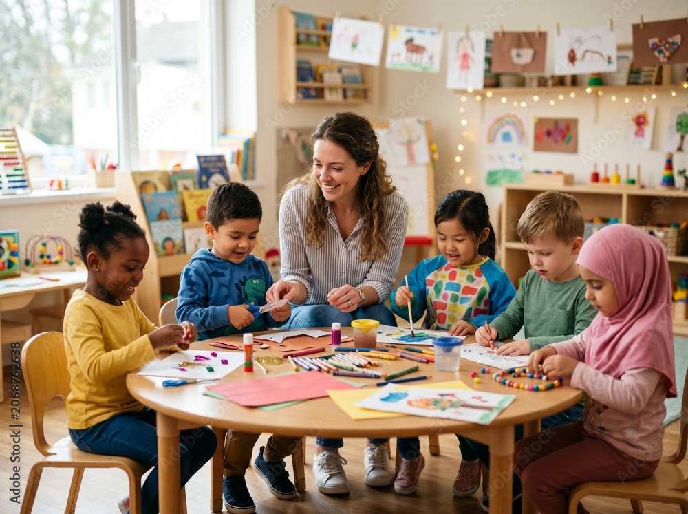 Obraz premium happy teacher young kids creative art crafts bright preschool classroom group 