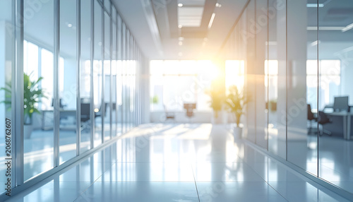 Modern Office Interior with Natural Light and Glass Walls.