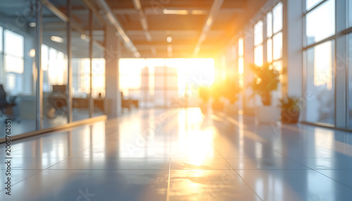 Modern Office Interior with Golden Sunset Light Streaming Through Windows.