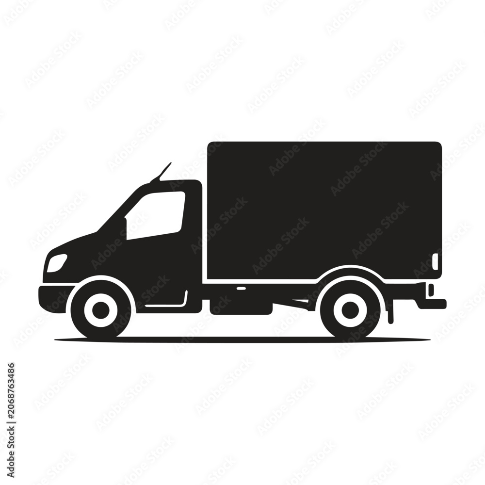 Fototapeta premium Side view delivery box truck silhouette icon with delivery transport shipping