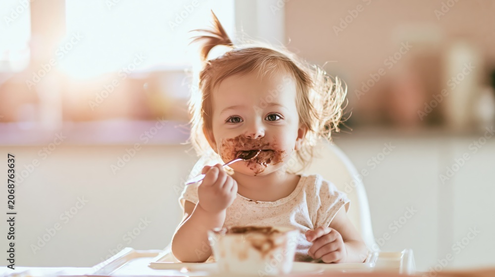 Fototapeta premium Adorable toddler enjoying a messy meal in a high chair, learning to eat independently, showing childhood innocence and joy