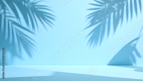 Minimalist Blue Studio with Palm Leaf Shadows and Geometric Shapes.