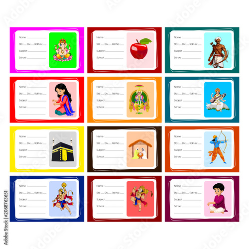 Foto Set of school notebook label templates with religious, cultural and kids charact