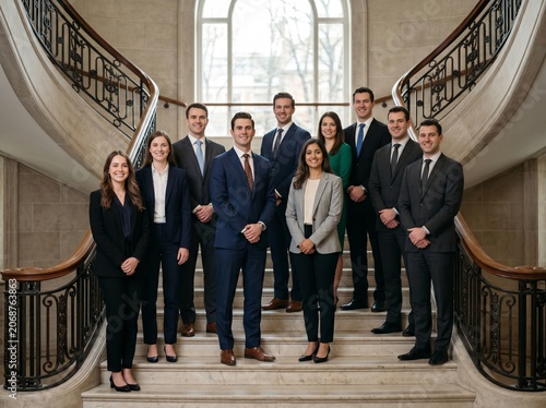 professional business team nine colleagues formal attire posing stairs group photo
