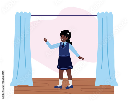 Elementary school girl performing on stage, reciting poetry. Great for school play poster, talent show flyer, or diversity banner.