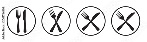 Set of black cutlery icons in circles on transparent background, restaurant and dining symbols.