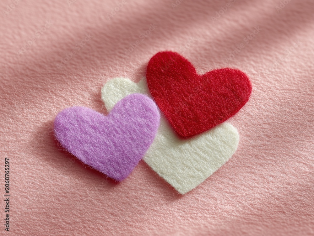 Obraz premium Three colorful felt hearts in red, white, and lavender expressing love, romance, and affection for Valentine's Day celebrations or anniversary messages on a soft pink background