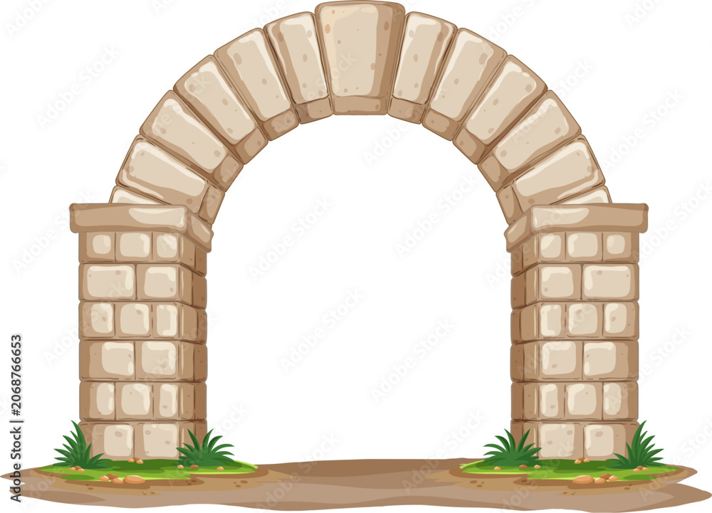 Naklejka premium Ancient Stone Archway Vector Illustration with Brick Pillars and Grass