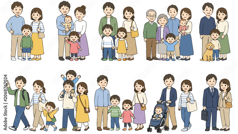 Fototapeta premium Set of happy family illustrations with parents and children