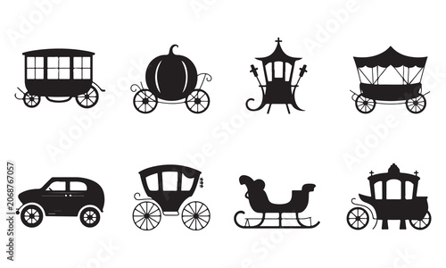Fotografija Set of eight black silhouettes featuring various vintage horse-drawn carriages,