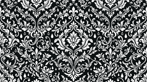 Foto Elegant Black and White Damask Seamless Pattern with Intricate Floral Ornaments and Fleur-de-lis, Ideal for Vintage Wallpaper, Luxury Textile Design, and Classic Victorian Backgrounds