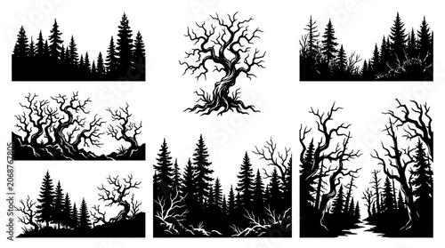 Bild auf Leinwand Collection of hand-drawn forest silhouettes including pine trees and creepy gnarled bare branches