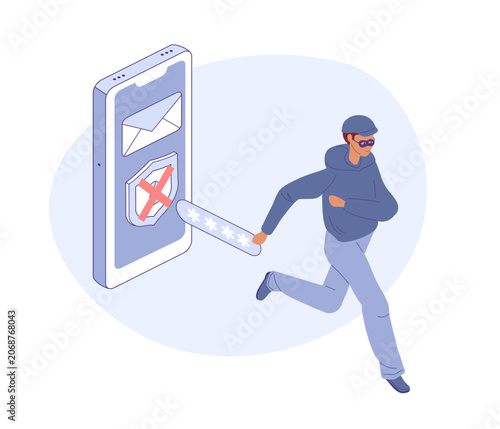 Hacker steals email password. Masked man running away from mobile phone. Isometric vector illustration for cybersecurity banner.