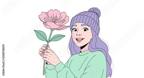 Anime Style Girl Holding a Pink Flower Illustration