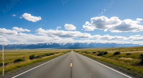 Endless open road leading towards majestic snow capped mountains under a bright blue sky with fluffy clouds.