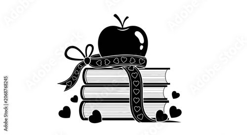 Apple on Stack of Books with Heart Ribbon Illustration