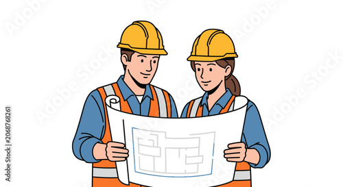 Architects reviewing blueprint on construction site