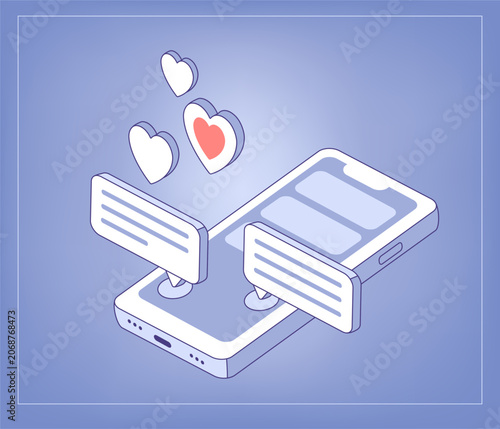 Love correspondence on phone. Isometric smartphone with hearts, likes, text bubbles. Dating app, romance blog, social media poster