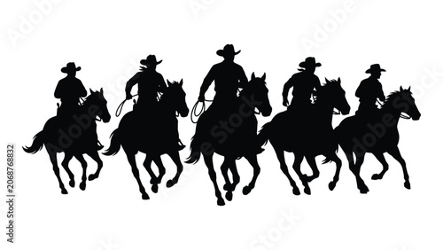 Принти на полотні Black silhouette of cowboys riding horses in a row