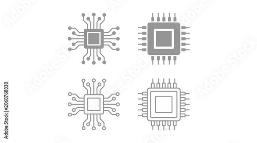 Set of four microchip icons displaying computer processor architecture arranged in a clean layout isolated on a white background.