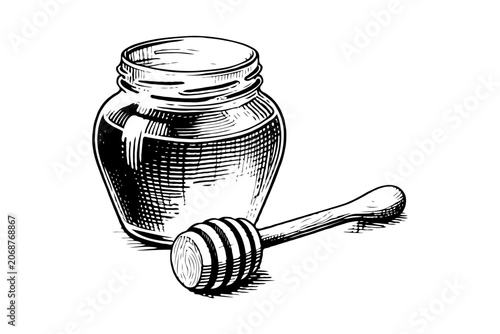 Traditional honey jar with wooden dipper illustrated in hand-drawn engraving style on white background. Concept of natural sweet food