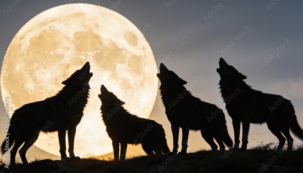 Fototapeta premium Howling four wolf silhouettes standing along low grassy ridge at night, full moon backlighting