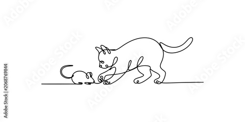 Tableau sur toile A playful cat and mouse in a continuous line drawing, interacting with each othe