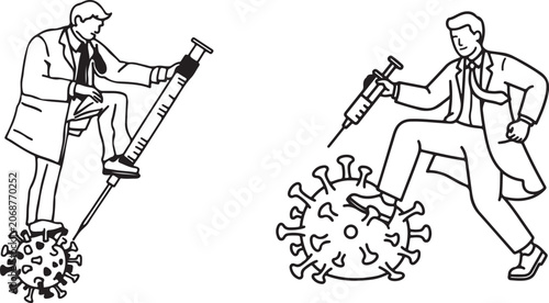 Obraz na plátně Doctor with syringe battling virus in opposition pose with medical concept vecto