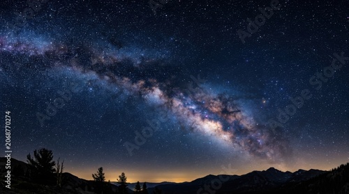 Milky Way galaxy arches over a dark mountain horizon in a starry night sky, creating a vast celestial background for nature projects.