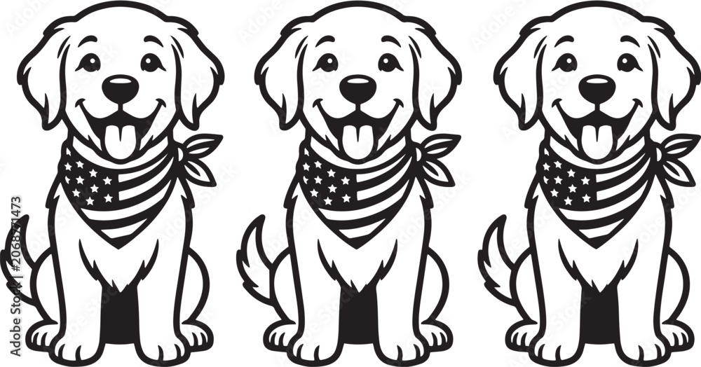 Obraz premium Cute golden retriever dog wearing american flag bandana happy smiling friendly pet illustration isolated.