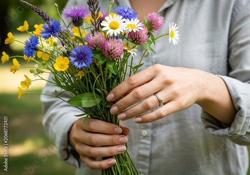 Woman Holding Colorful Wildflower Bouquet with Cornflowers and Daisies