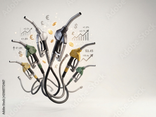 Fuel prices change with oil markets and currency value in a graphic representation of gas pumps and numbers
