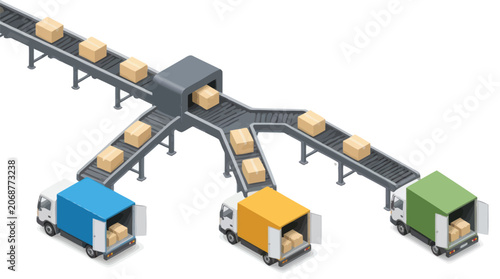Fotografía Automated conveyor system distributing packages into delivery vehicles