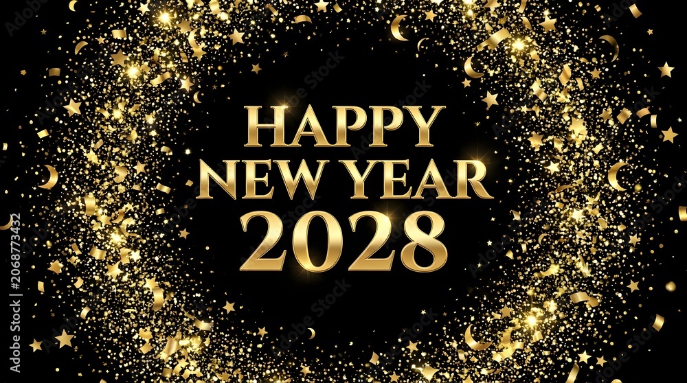 Fototapeta premium Happy New Year 2028 with a sparkling golden confetti border on a black background.