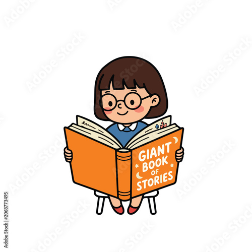 Vector illustration of a cute girl reading a giant book of stories with glasses and brown hair