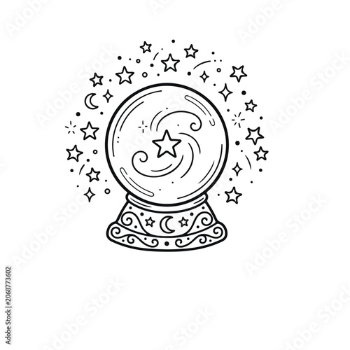 Vector crystal ball with swirling star and celestial elements, mystical fortune telling symbol
