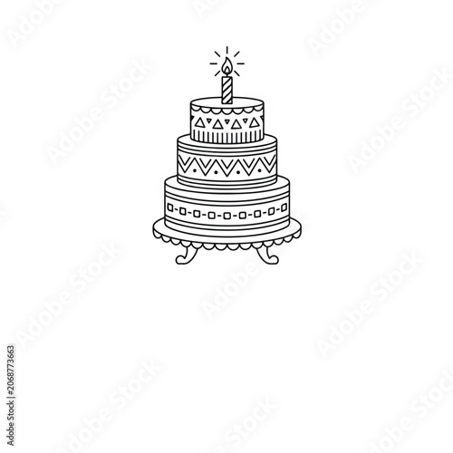 Vector illustration of a three-tiered birthday cake with candle and decorative patterns on a cake stand
