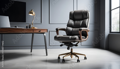 Leather office chair stands in a modern workspace near a wooden desk with a lamp and laptop computer.